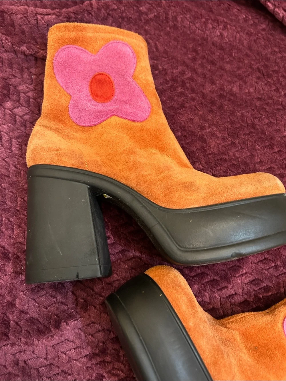 Halloween - Vintage Orange Suede Platform Ankle Boots with Pink Flower Accent